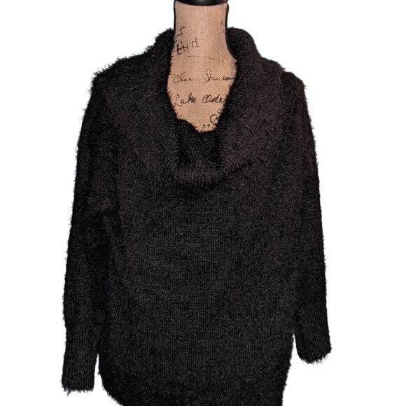 Black Cowl Neck Fuzzy Knit Sweater Cozy Pullover Warm Comfy - Picture 1 of 5